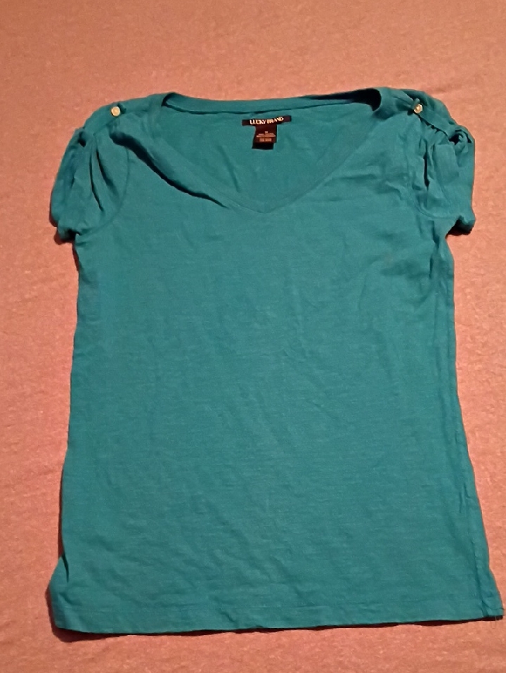 Lucky Brand Teal V-Neck Puff Sleeve Tee